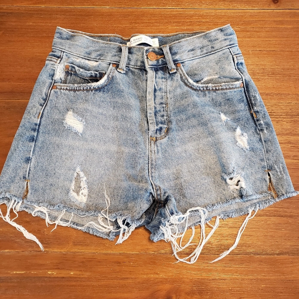 Zara 1975 Womens Bohemian Festival Button‎ Fly High Rise Denim Jean Shorts Sz 2 - Picture 2 of 10
